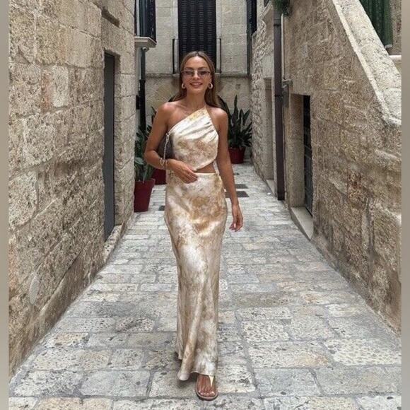 Zara Cut Out Satin Effect Printed Dress - Picture 1 of 16